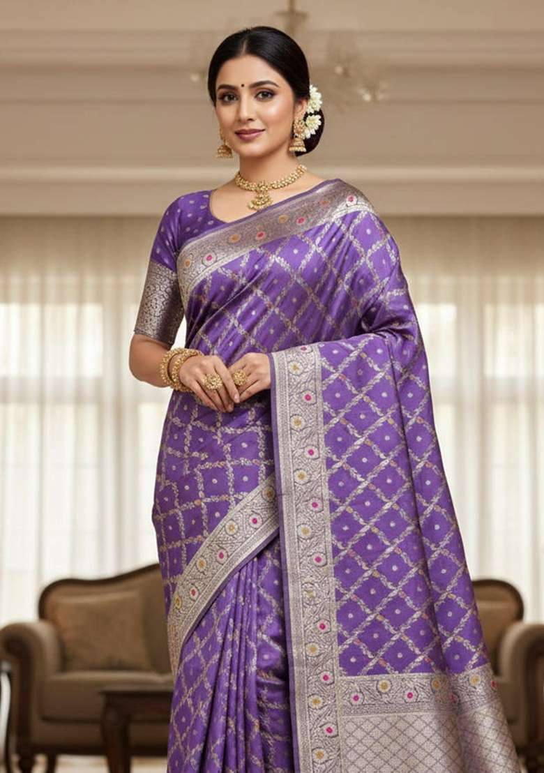 Purple Blend Banarasi Silk Saree Set with Embroidered for Diwali | Wedding & Festive Wear - Indya