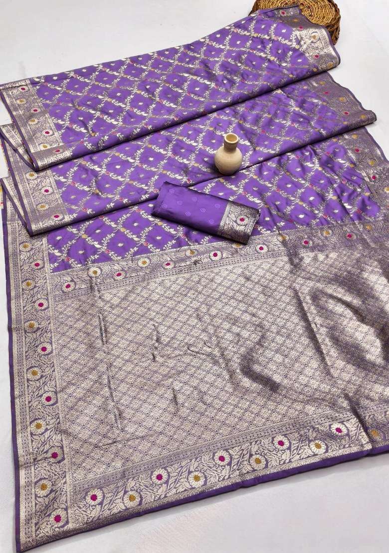 Purple Blend Banarasi Silk Saree Set with Embroidered for Diwali | Wedding & Festive Wear - Indya