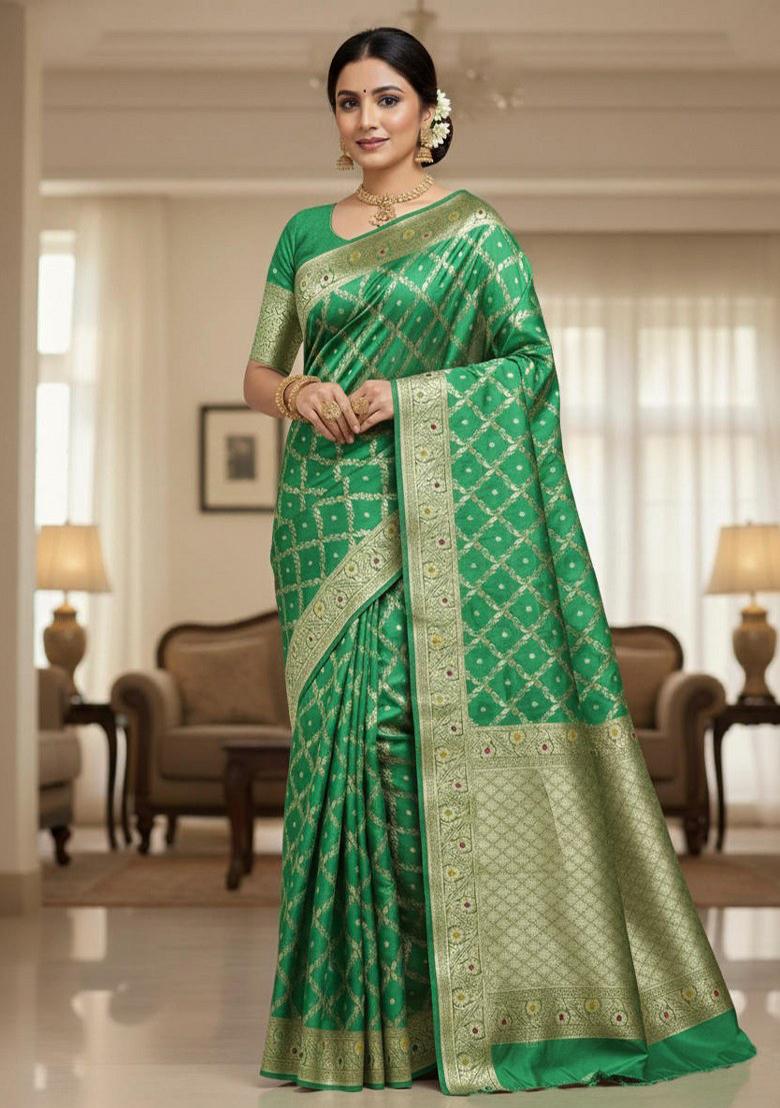 Light Green Embroidered Banarasi Silk Saree Set