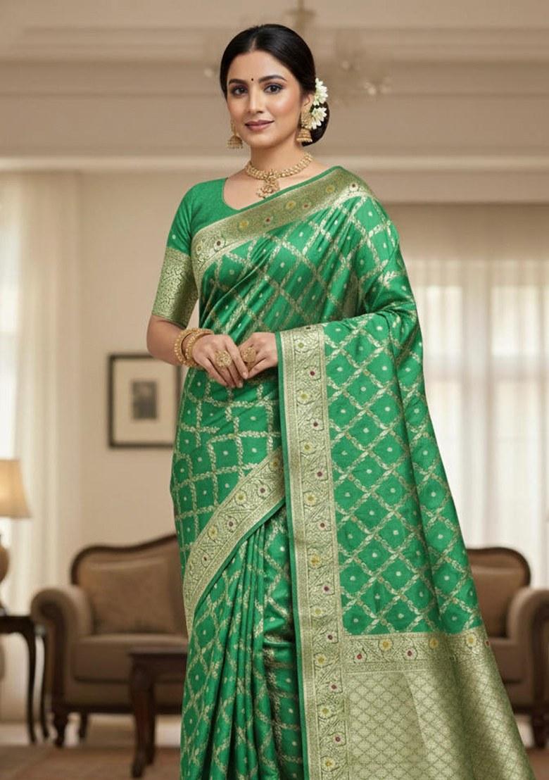 Light Green Embroidered Banarasi Silk Saree Set