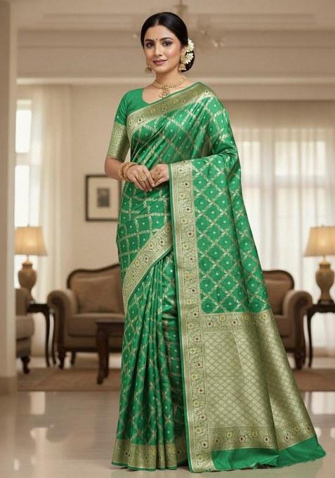 Light Green Embroidered Banarasi Silk Saree Set