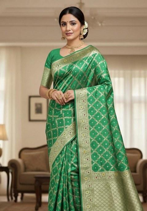 Light Green Embroidered Banarasi Silk Saree Set