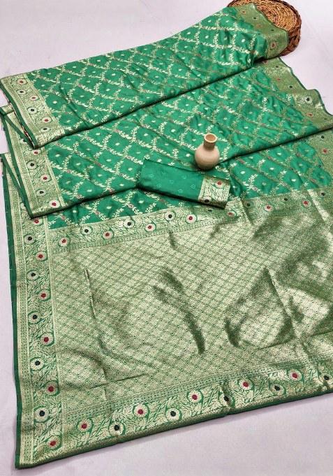 Light Green Embroidered Banarasi Silk Saree Set