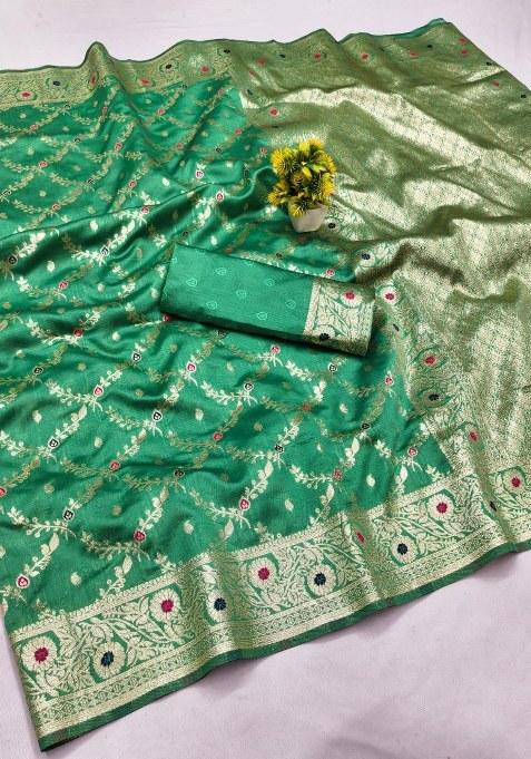 Light Green Embroidered Banarasi Silk Saree Set