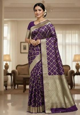 Wine Embroidered Banarasi Silk Saree Set