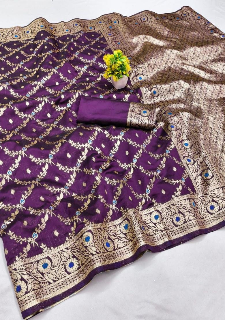 Wine Embroidered Banarasi Silk Saree Set
