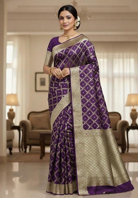 Wine Embroidered Banarasi Silk Saree Set