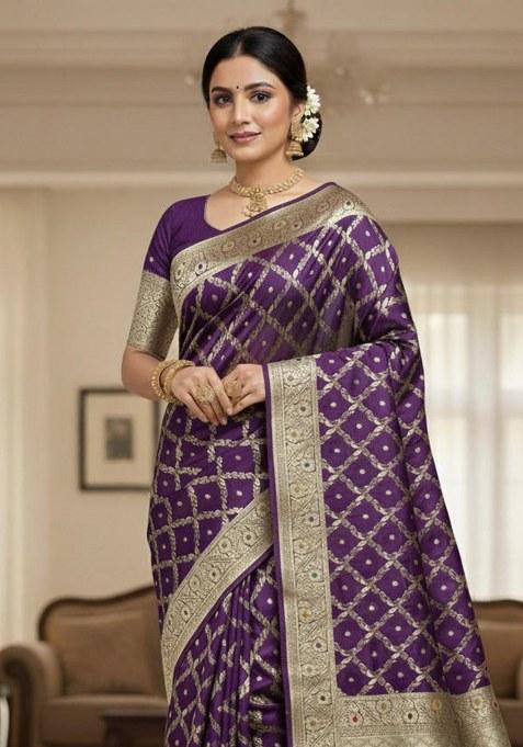 Wine Embroidered Banarasi Silk Saree Set