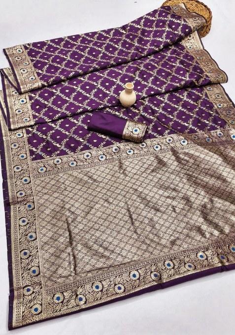 Wine Embroidered Banarasi Silk Saree Set