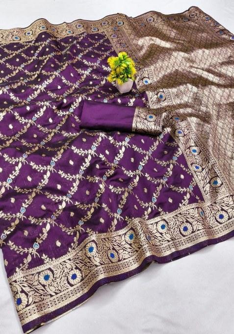 Wine Embroidered Banarasi Silk Saree Set