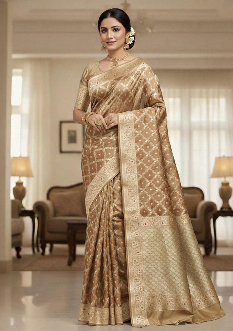 Brown Embroidered Banarasi Silk Saree Set