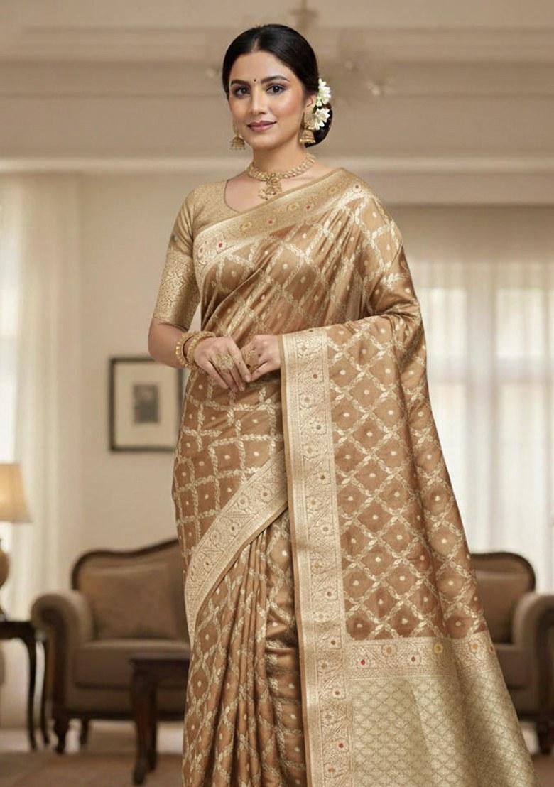 Brown Embroidered Banarasi Silk Saree Set