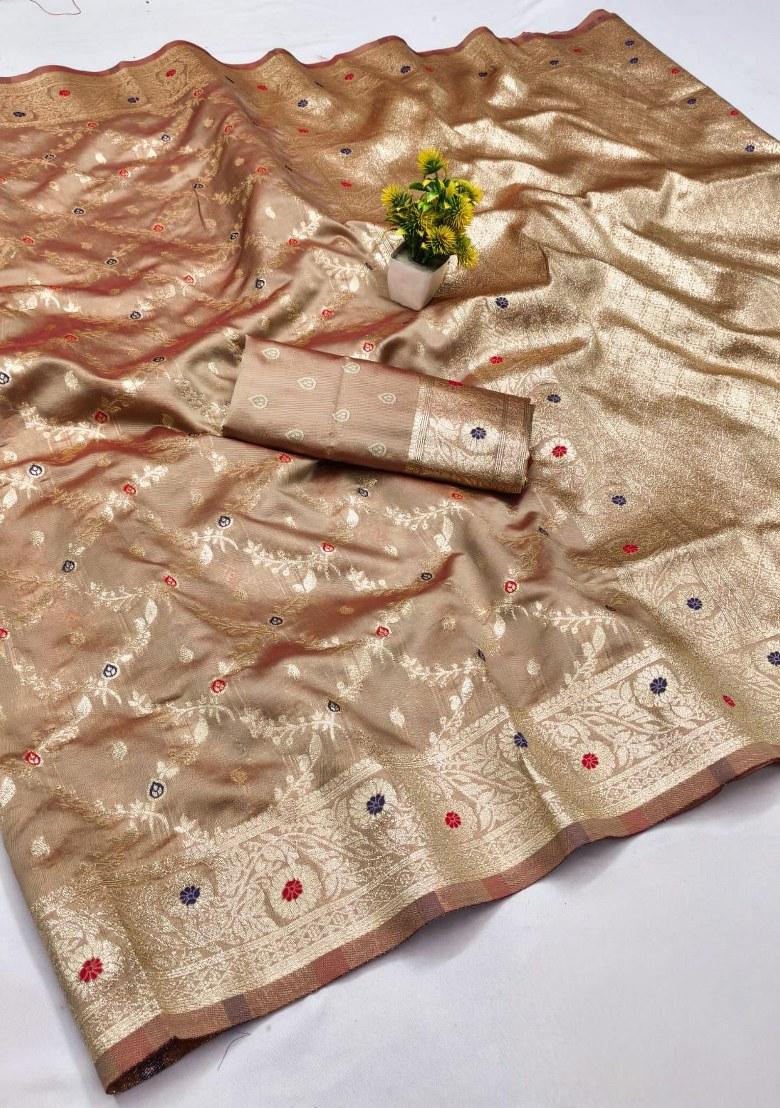 Brown Embroidered Banarasi Silk Saree Set