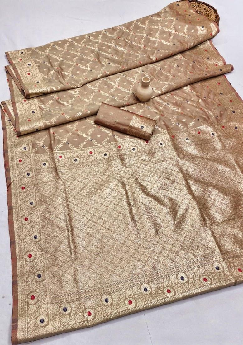 Brown Embroidered Banarasi Silk Saree Set