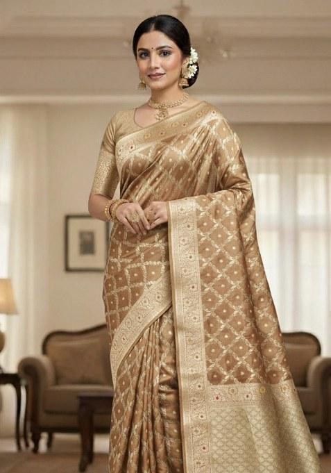 Brown Embroidered Banarasi Silk Saree Set