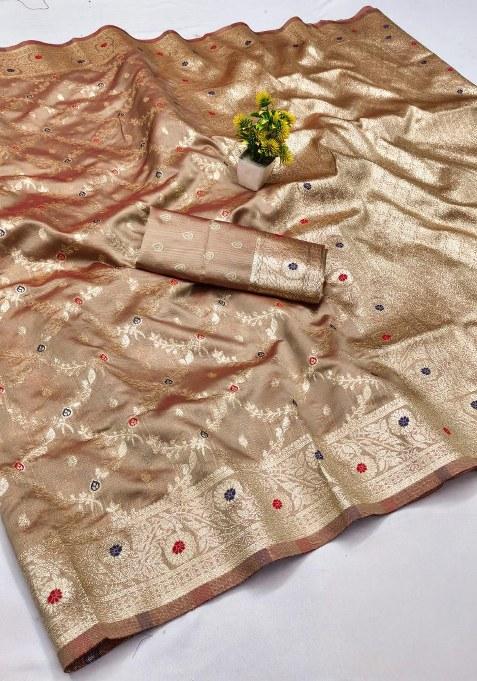 Brown Embroidered Banarasi Silk Saree Set