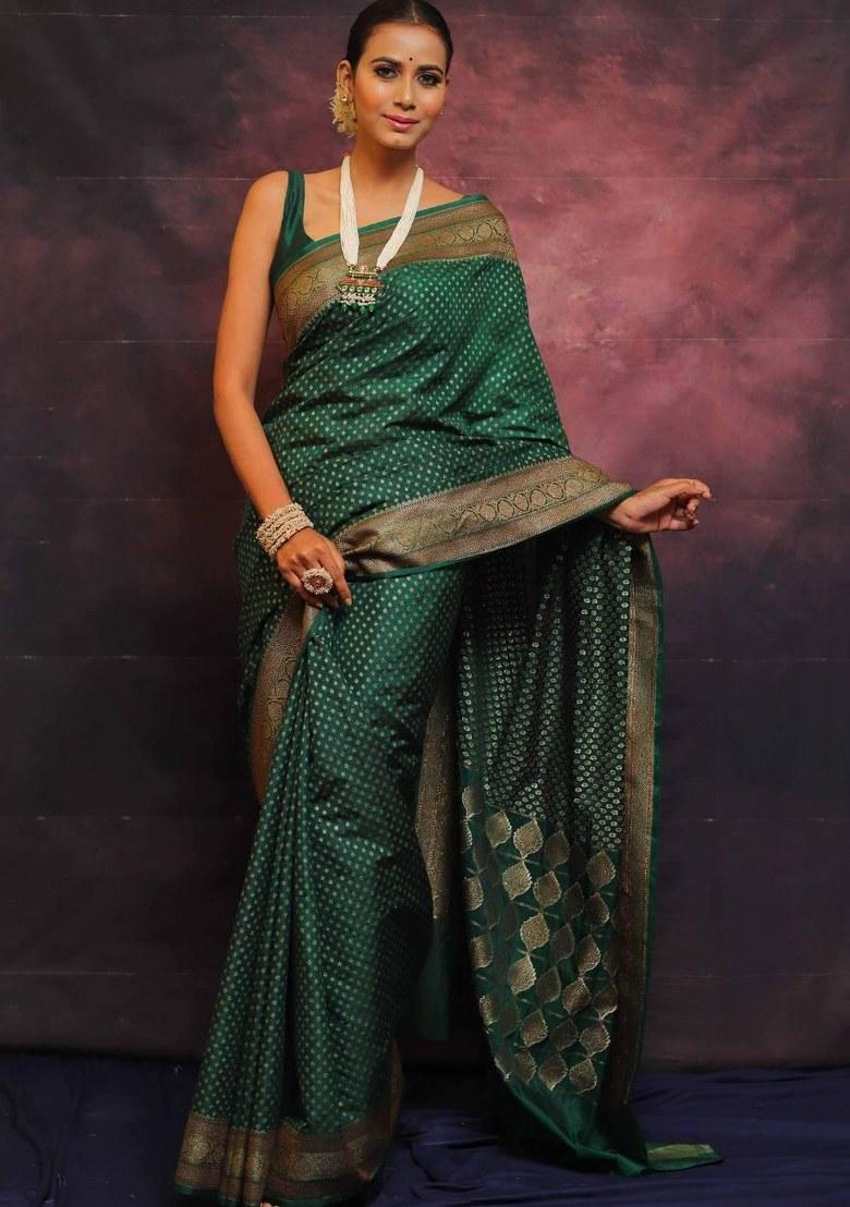 Green Embroidered Silk Saree Set