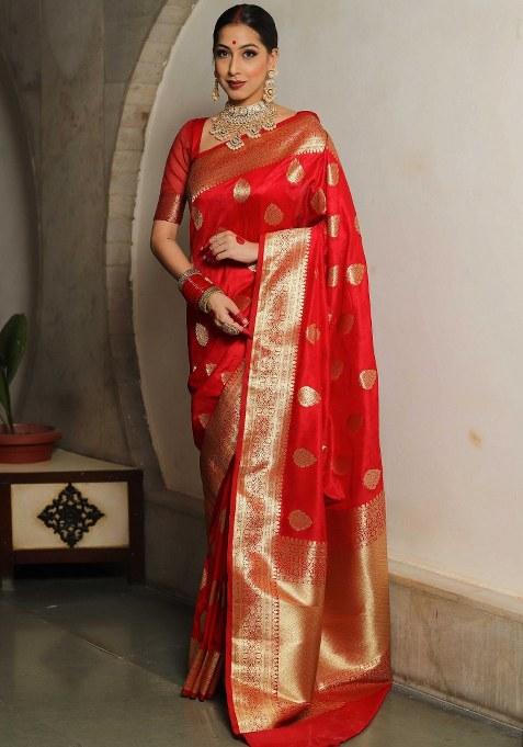 Red Embroidered Silk Saree Set