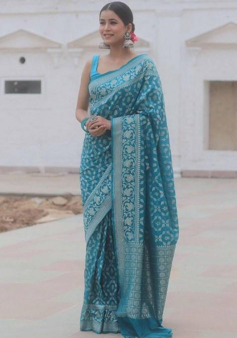 Light Blue Embroidered Silk Saree Set
