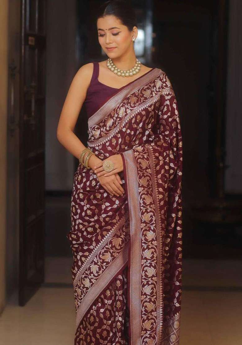 Wine Embroidered Silk Blend Saree Set for Diwali and Festive Wear - Indya
