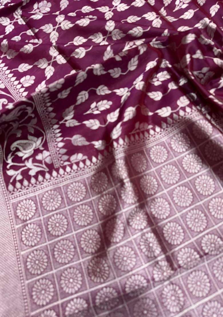 Wine Embroidered Silk Blend Saree Set for Diwali and Festive Wear - Indya