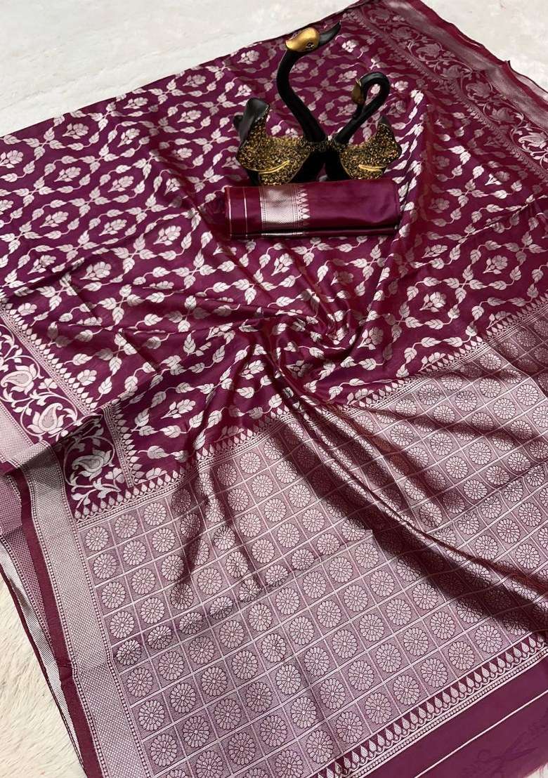 Wine Embroidered Silk Blend Saree Set for Diwali and Festive Wear - Indya