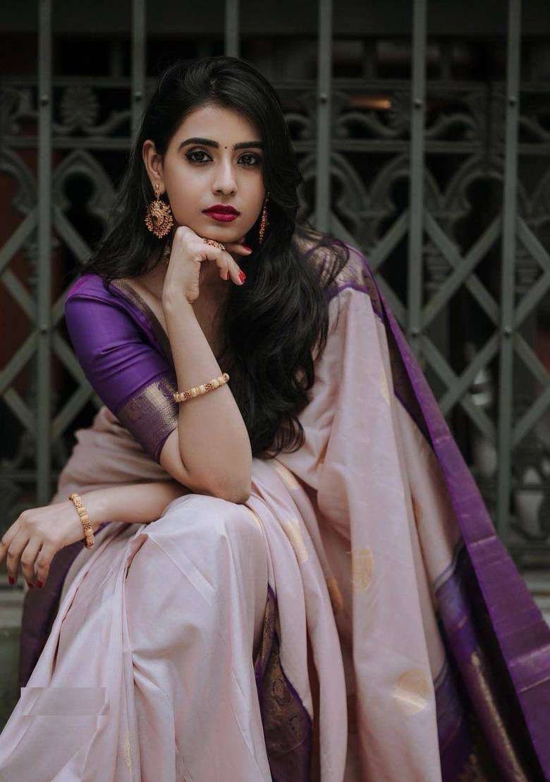 Cream Embroidered Silk Blend Saree Set for Diwali and Festive Wear - Indya