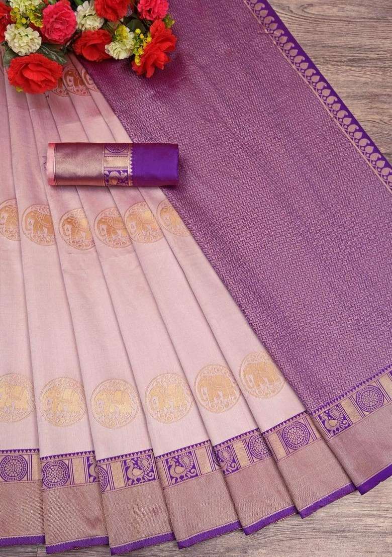 Cream Embroidered Silk Blend Saree Set for Diwali and Festive Wear - Indya