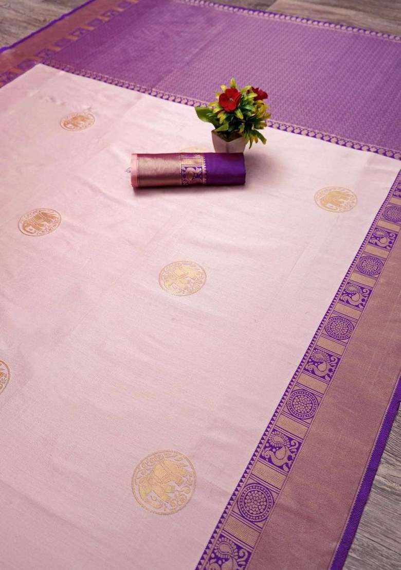 Cream Embroidered Silk Blend Saree Set for Diwali and Festive Wear - Indya