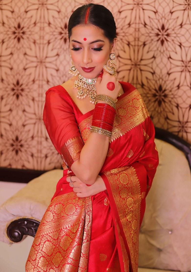 Red Embroidered Silk Saree Set