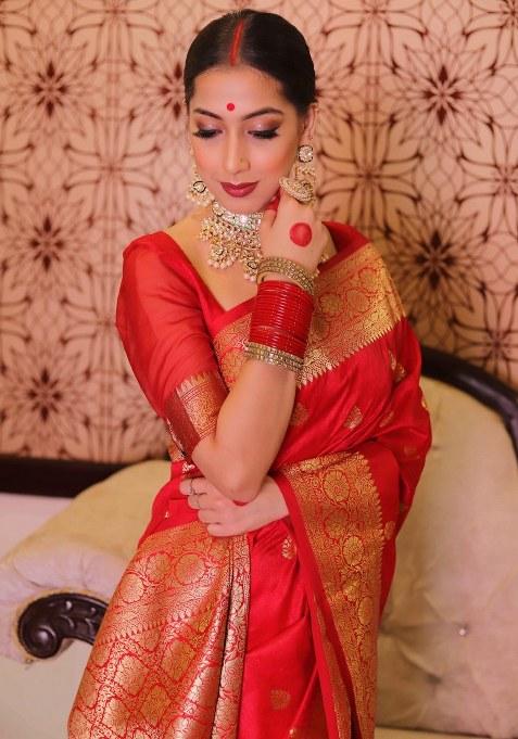 Red Embroidered Silk Saree Set