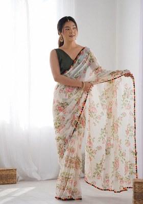 White Printed Chiffon Saree Set