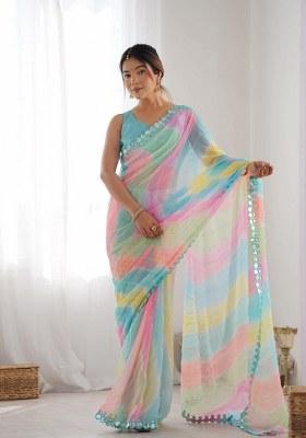 Multicolor Printed Georgette Saree Set