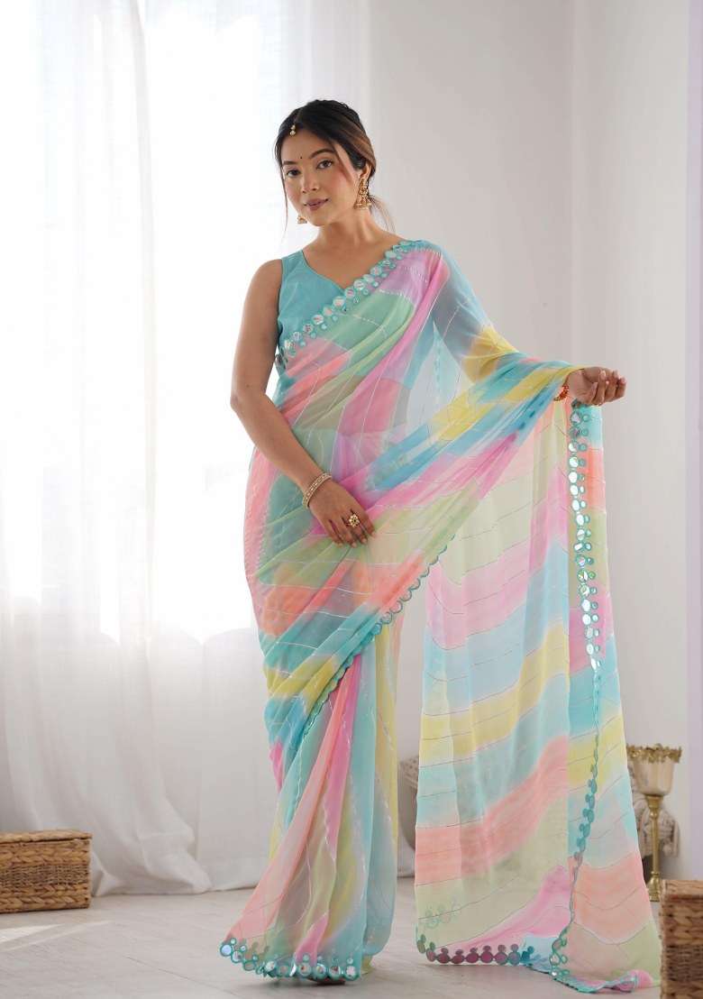 Multicolor Printed Georgette Saree Set for Diwali and Festive Wear - Indya