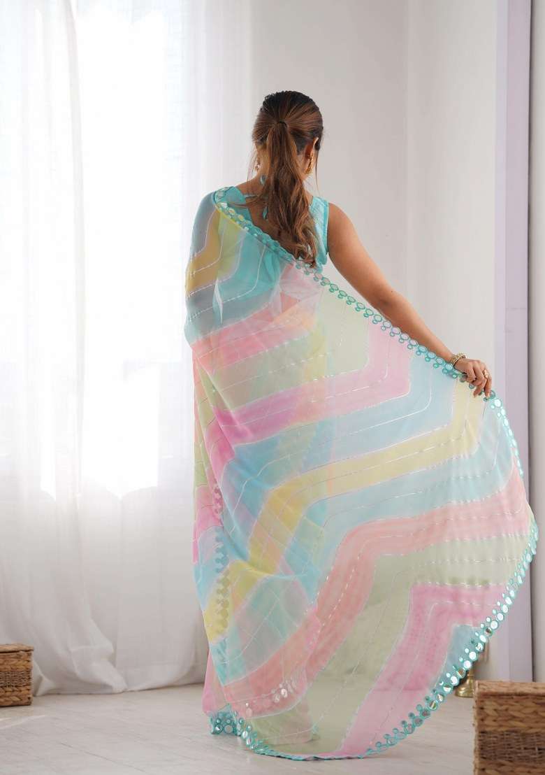 Multicolor Printed Georgette Saree Set for Diwali and Festive Wear - Indya