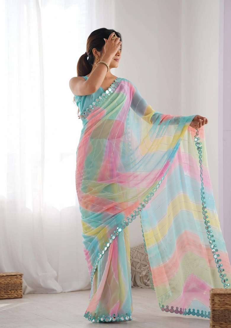 Multicolor Printed Georgette Saree Set for Diwali and Festive Wear - Indya