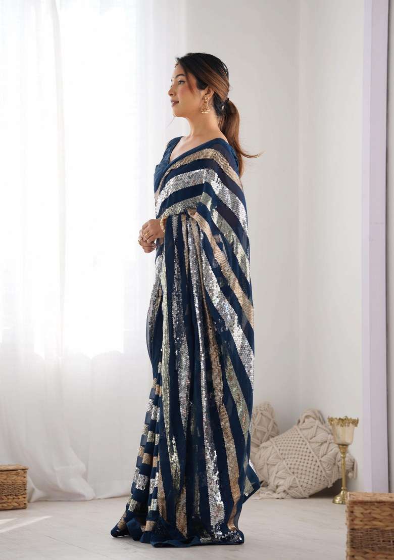 Petrol Blue Sequence Georgette Saree Set for Diwali and Festive Wear - Indya
