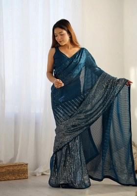Blue Sequence Georgette Saree Set
