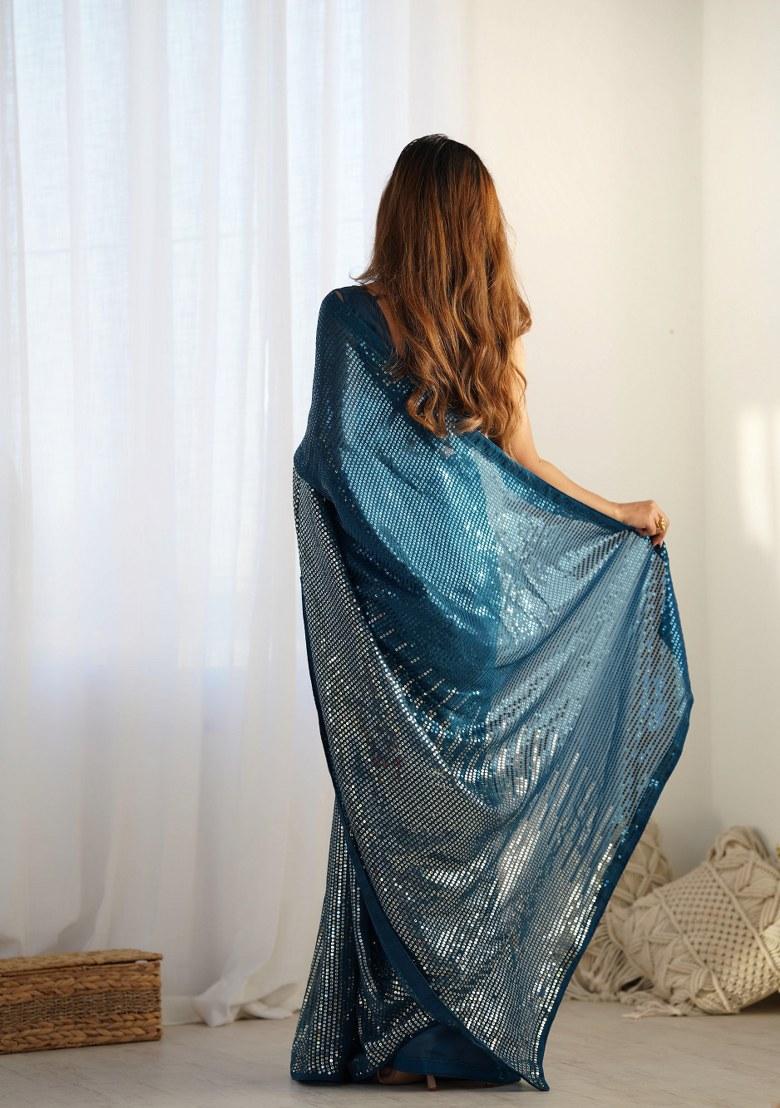 Blue Sequence Georgette Saree Set