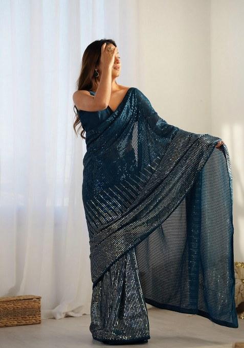 Blue Sequence Georgette Saree Set