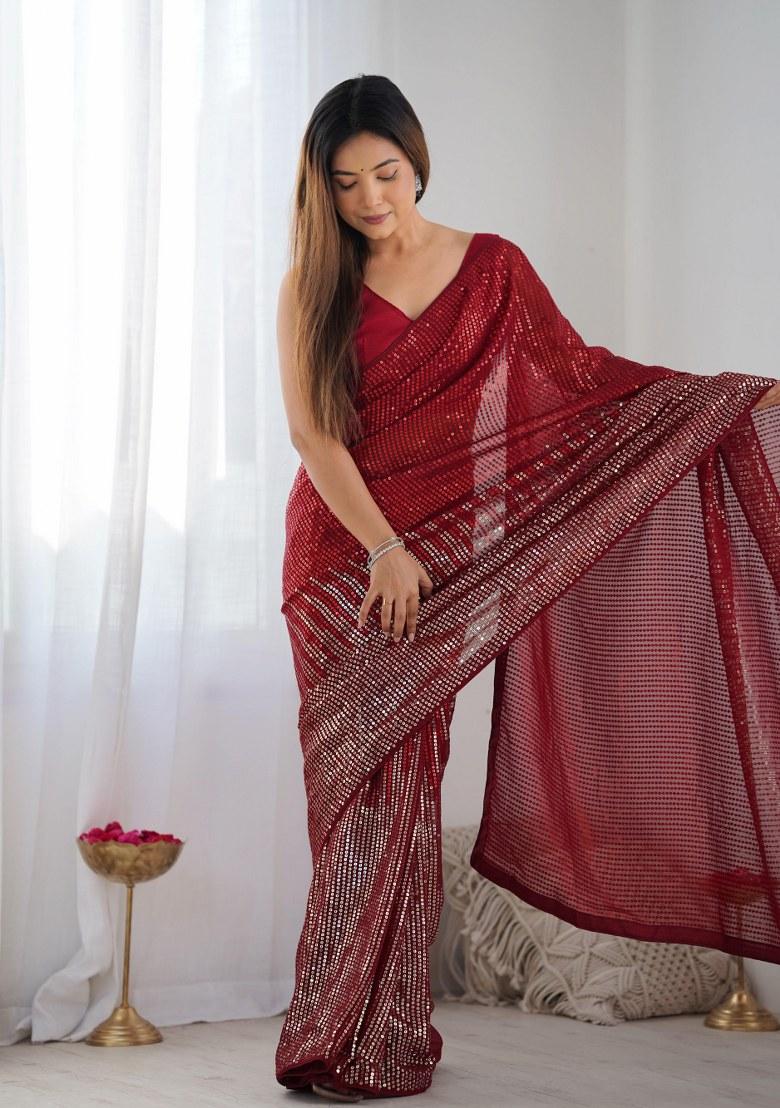 Red Sequence Georgette Saree Set