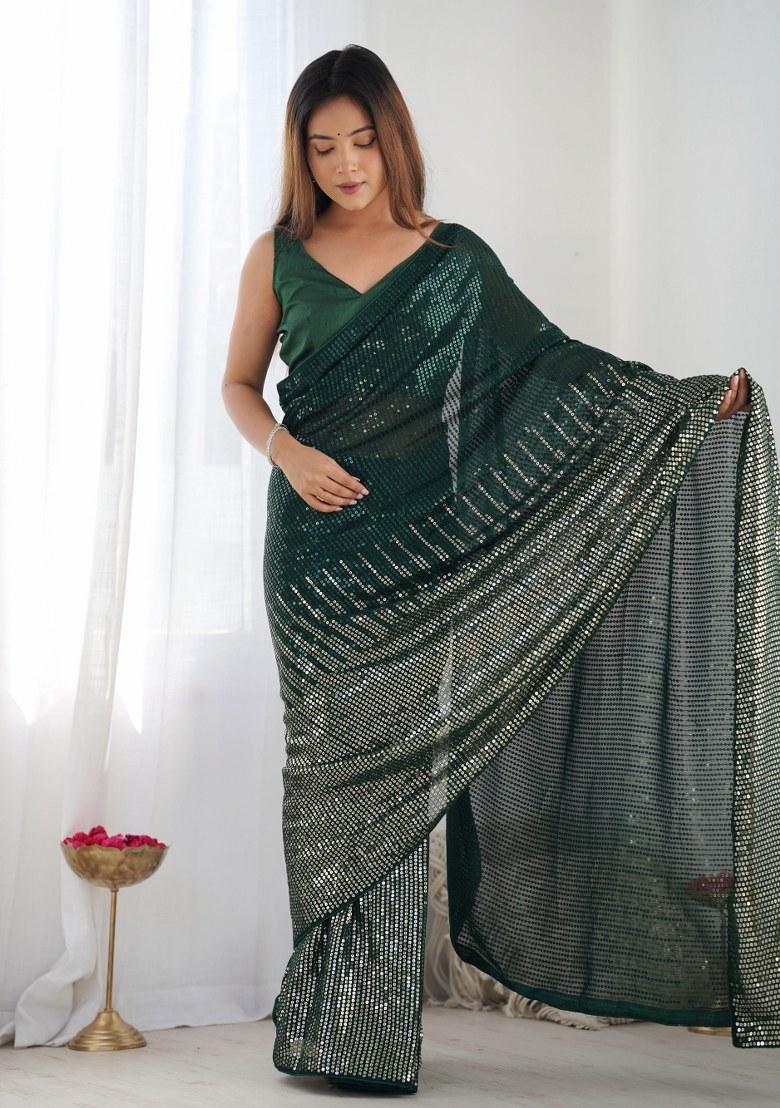 Green Sequence Georgette Saree Set
