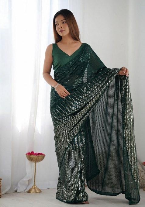 Green Sequence Georgette Saree Set