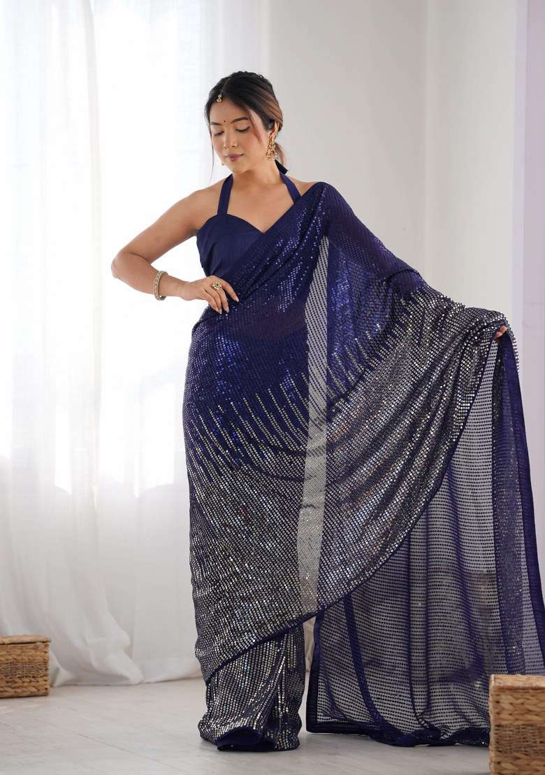 Navy Blue Sequence Georgette Saree Set for Diwali and Festive Wear - Indya