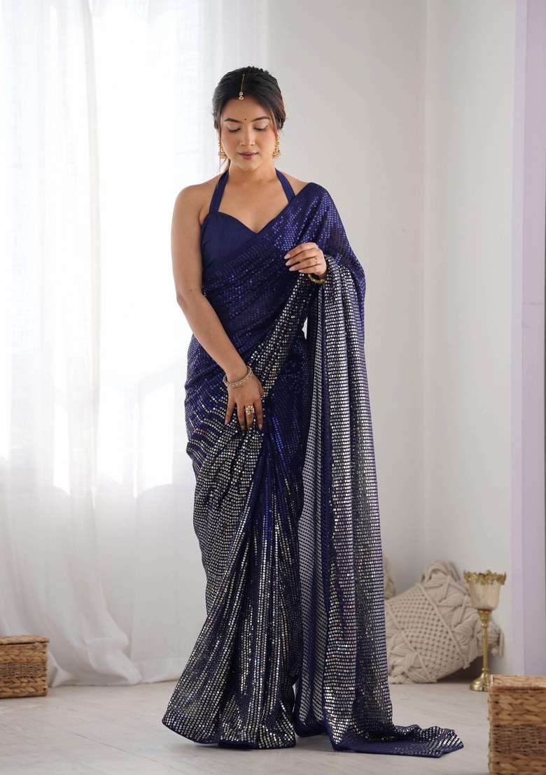 Navy Blue Sequence Georgette Saree Set for Diwali and Festive Wear - Indya