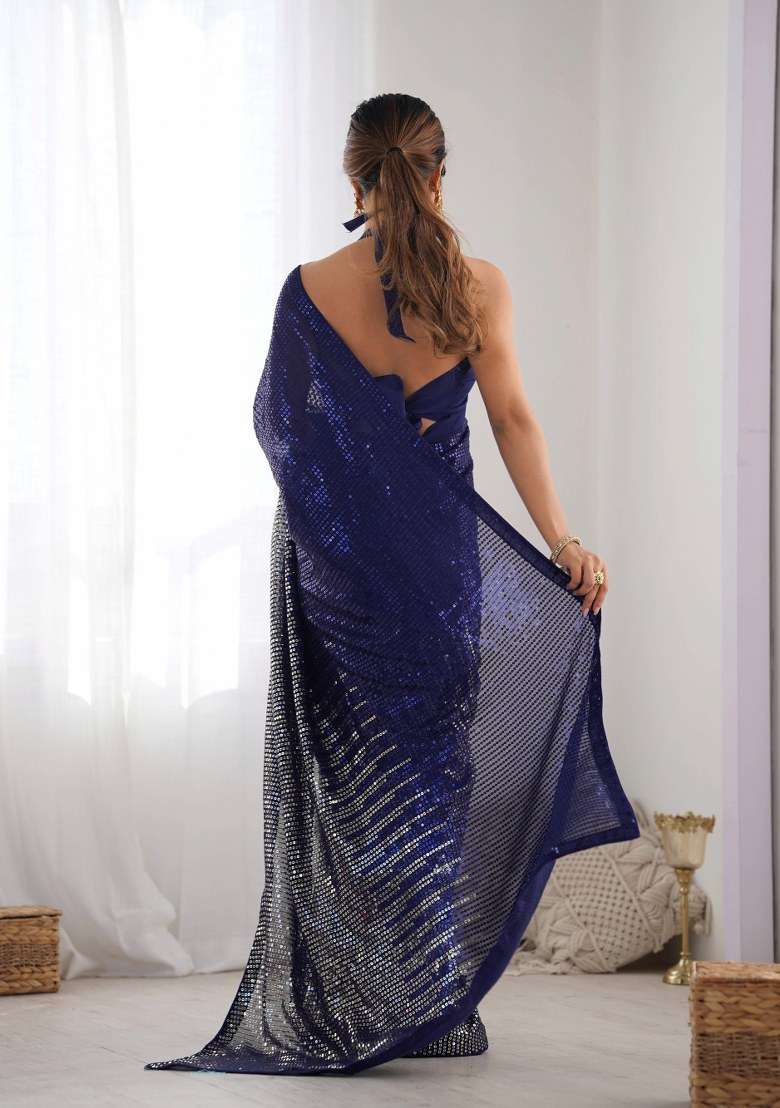 Navy Blue Sequence Georgette Saree Set for Diwali and Festive Wear - Indya