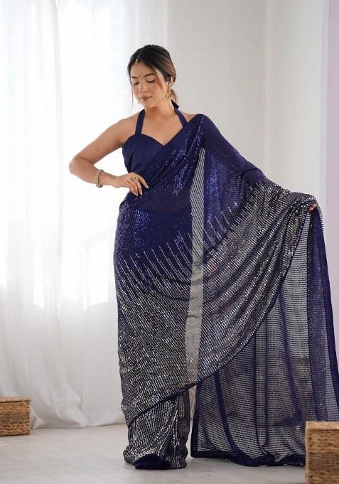 Navy Blue Sequence Georgette Saree Set
