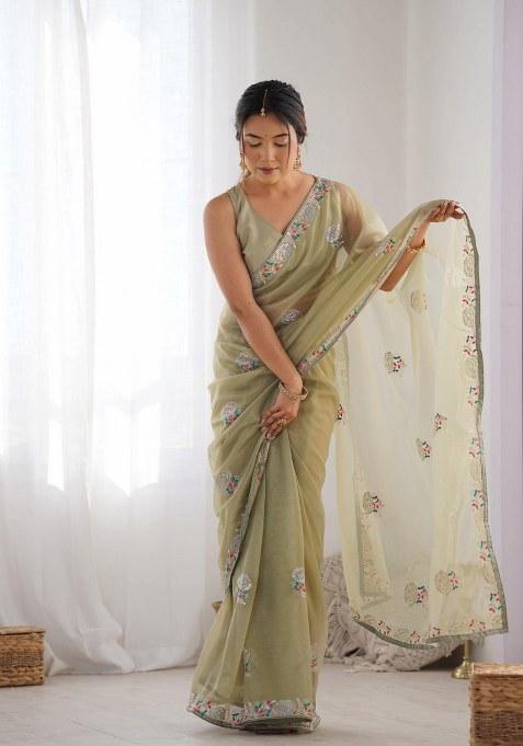 Henna Green Embroidered Net Saree Set