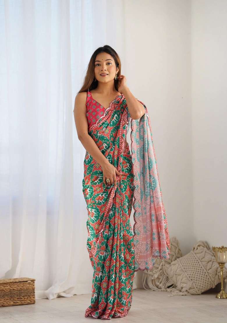 Green Printed Chinon Saree Set for Diwali and Festive Wear - Indya