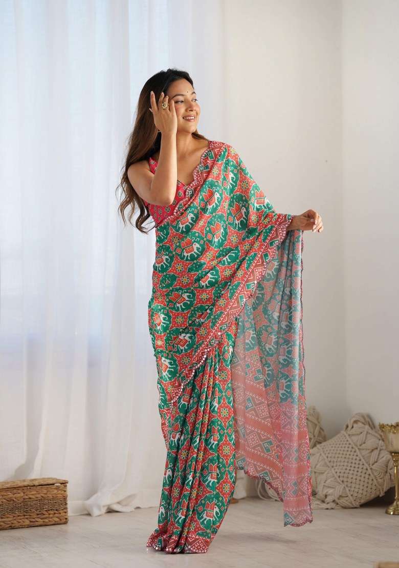 Green Printed Chinon Saree Set for Diwali and Festive Wear - Indya